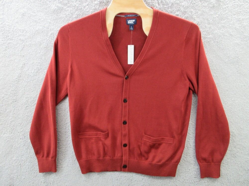 NWT Lands End Cardigan Mens Large Brown Supima Cotton Sweater Button Up Adult